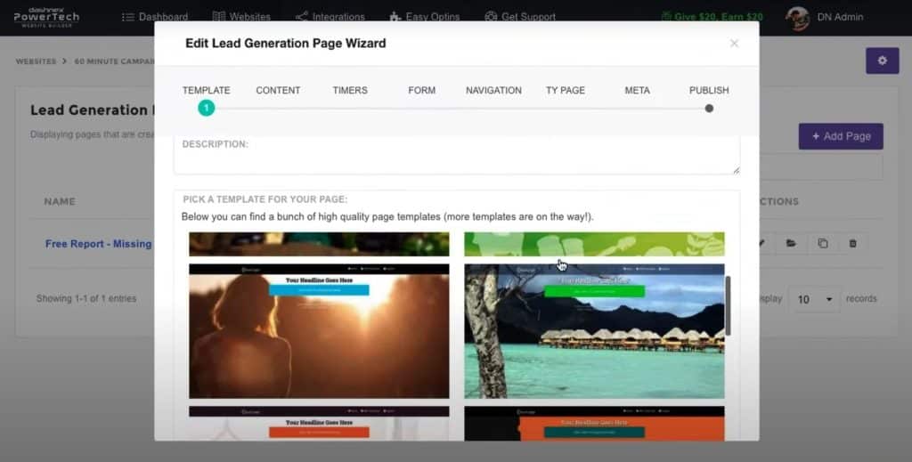 dashnex lead generation page wizard